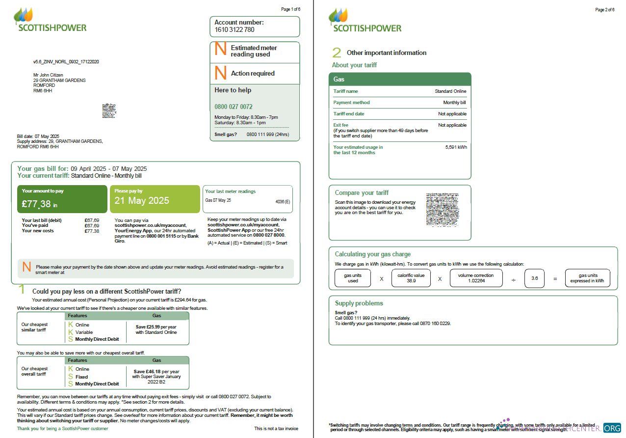download Scotland Scottish Power utility bill template in Word and PDF formats, 6 pages, 1 2 pages PDF template